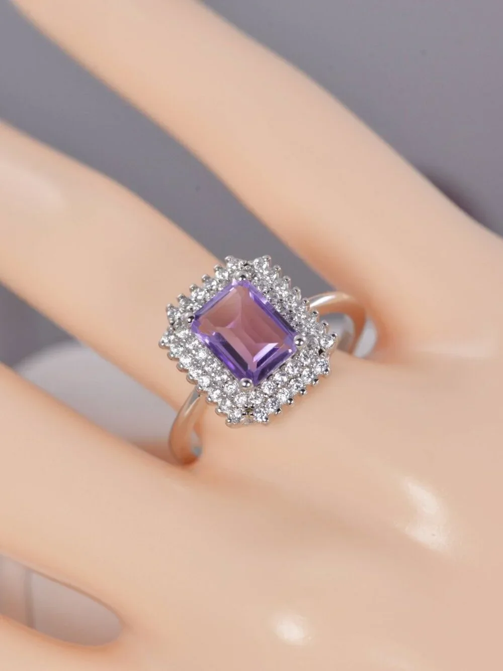 Natural Halo Radiant Cut Amethyst Sterling Silver Ring Size 7